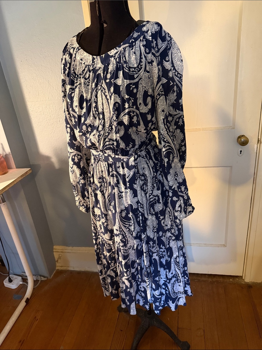 Talbots Navy and White Paisley Long-Sleeve Midi Dress